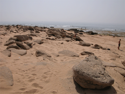 Campo de bloques imbricados al pie del Faro de Trafalgar, sacados del fondo marino por grandes olas de tsunamis.